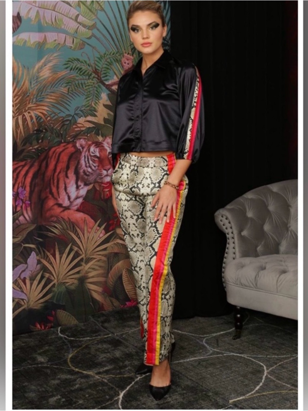 Snake-Print High-Waist Track Pants with Red & Yellow Side Stripe